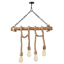 Suspension rustique filaire 4 lampes cordes et bois - LOANE