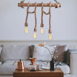 Suspension rustique filaire 4 lampes cordes et bois - LOANE
