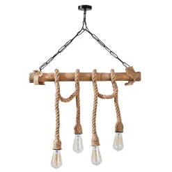 Suspension rustique filaire 4 lampes cordes et bois - LOANE