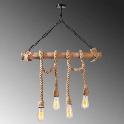Suspension rustique filaire 4 lampes cordes et bois - LOANE