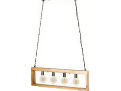 Suspension style industriel caisse rectangulaire en bois OLIUS - bois et métal -4 lampes - H. 31 x L.100 cm - naturel et noir
