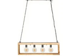 Suspension style industriel caisse rectangulaire en bois OLIUS - bois et métal -4 lampes - H. 31 x L.100 cm - naturel et noir