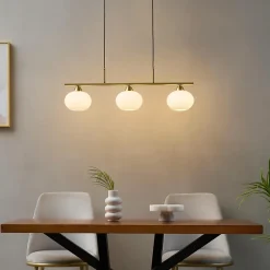 Suspension triple dorée abat-jours en verre blanc - Alcyone