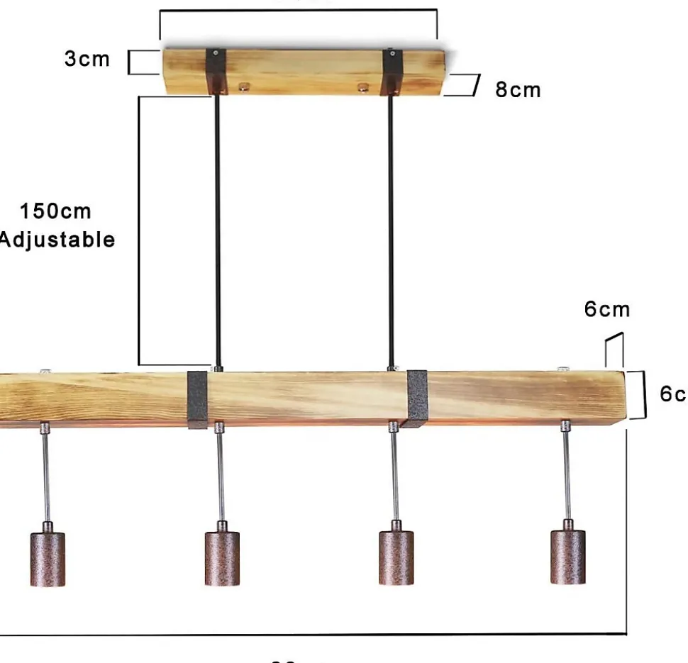 Suspension Vintage industrielle réglable bois rétro 80CM, 4 x E27 max. 25 watts, Classe énergétique E