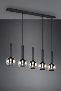 Suspension 5xE27, max. 28W, Verre fumé, Métal noir mat - Trio - Clayton
