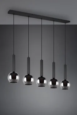 Suspension 5xE27, max. 28W, Verre fumé, Métal noir mat - Trio - Clayton