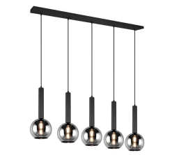 Suspension 5xE27, max. 28W, Verre fumé, Métal noir mat - Trio - Clayton