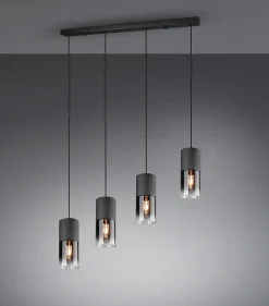 Suspension 4xE27, 28W max, verre fumé, métal noir mat - Trio - Robin