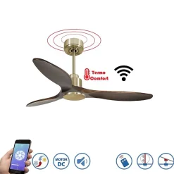 Tenerife - Super destratificateur et ventilateur DC 132 cm laiton sans lumière pales bois sombre idéal 25 à 40 m²