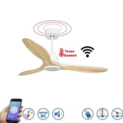 Tenerife - Super destratificateur et ventilateur DC 132 cm Blanc pales bois clair sans Lumière 25 à 35 m²