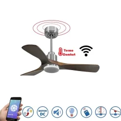 Tenerife - Super destratificateur et ventilateur DC 106 cm chrome avec lumière pales bois sombre idéal 10 à 20 m²