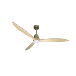 Tenerife - Super destratificateur et ventilateur DC 166 cm Laiton pales bois clair avec Lumière 30 à 60 m²