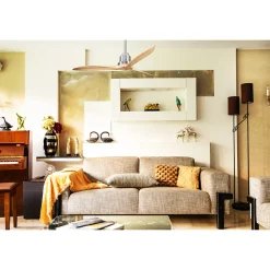 Tenerife - Super destratificateur et ventilateur DC 132 cm Chrome pales bois clair sans Lumière 25 à 35 m²