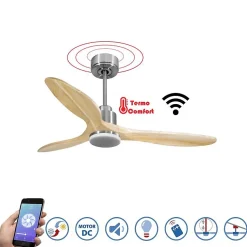 Tenerife- Super destratificateur et ventilateur DC 132 cm Chrome avec lumière pales bois clair 25 à 35 m²