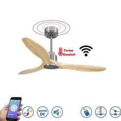 Tenerife- Super destratificateur et ventilateur DC 132 cm Chrome pales bois clair sans Lumière 25 à 35 m²