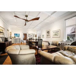 Twist, Ventilateur déstratificateur d'air, pales bois sombre 166 Cm Moteur laiton brossé avec point lumineux LED.