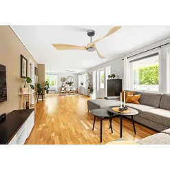 Twist, Ventilateur déstratificateur d'air, pales bois clair 166 Cm Moteur chrome brossé avec point lumineux LED.