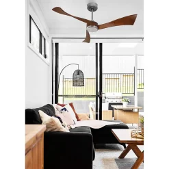 Twist, Ventilateur déstratificateur d'air, pales bois foncées 132 Cm, moteur chrome brossé, avec point lumineux LED.