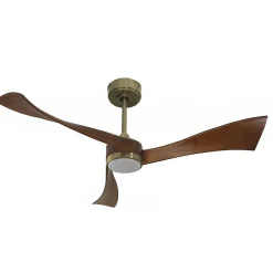 Twist, Ventilateur déstratificateur d'air, pales bois foncées 132 Cm, moteur laiton brossé, avec point lumineux LED.