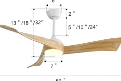 Ventilateur de plafond 52" avec éclairage LED, 3 pales en bois massif, 6 vitesses, télécommande, blanc 132 x 132 x 42 cm