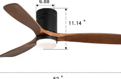 Ventilateur de plafond 52 avec lumière LED 18W, 3 pales en bois massif, 6 vitesses, télécommande, noir , 132X132X30cm