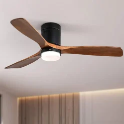 Ventilateur de plafond 52 avec lumière LED 18W, 3 pales en bois massif, 6 vitesses, télécommande, noir , 132X132X30cm