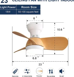 Ventilateur de plafond 23" avec lumière LED 18W 3 tons, 3 pales ABS bois clair, 6 vitesses, blanc 58,4x58,4x27,1cm