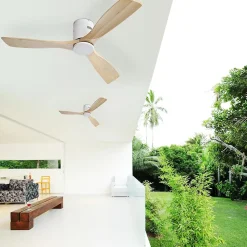 Ventilateur de Plafond 132 cm Naturel avec 3 Lames en Bois Solide, Moteur DC Réversible Silencieux, Télécommande pour Salon