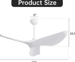 Ventilateur de plafond 96 cm sans lumière, moteur DC réversible, 6 vitesses avec télécommande, pour intérieur et extérieur, blanc