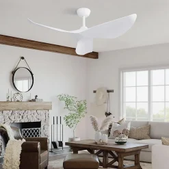 Ventilateur de plafond 96 cm sans lumière, moteur DC réversible, 6 vitesses avec télécommande, pour intérieur et extérieur, blanc