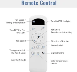 Ventilateur de plafond 107 cm avec lumière LED 22W et télécommande, 5 pales ABS, pour chambre, salon, salle à manger, bureau