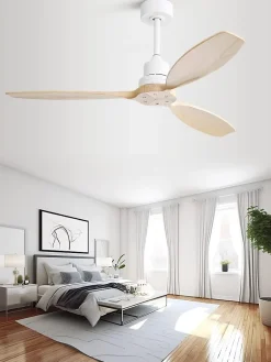 Ventilateur de plafond 132 cm avec pales en bois massif, télécommande 6 vitesses, couleur blanche