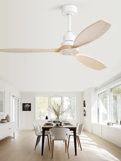 Ventilateur de plafond 132 cm avec pales en bois massif, télécommande 6 vitesses, couleur blanche