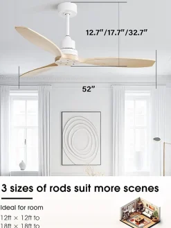 Ventilateur de plafond 132 cm avec pales en bois massif, télécommande 6 vitesses, couleur blanche