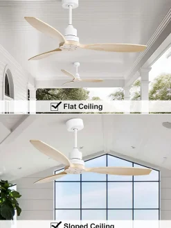 Ventilateur de plafond 132 cm avec pales en bois massif, télécommande 6 vitesses, couleur blanche