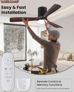 Ventilateur de Plafond en Bois avec Lumière LED 24W + Moteur DC Silencieux 38W