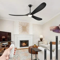 Ventilateur de plafond industriel Noir en bois noir avec lumière et télécommande - 108 cm - EXQUIO