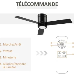Ventilateur de plafond LED - 3 pales, 3 vitesses, timer - télécommande, kit installation inclus - métal effet bois noir