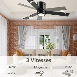 Ventilateur de plafond LED - 3 pales, 3 vitesses, timer - télécommande, kit installation inclus - métal effet bois noir