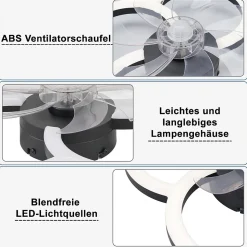 Ventilateur de plafond LED NETTLIFE avec éclairage - 40 W silencieux noir avec télécommande, variateur d'intensité