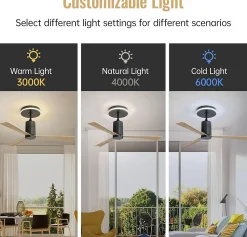 Ventilateur de plafond moderne 132 cm avec lumière LED et télécommande, 3 pales ABS, moteur DC réversible silencieux,