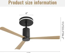 Ventilateur de plafond moderne 132 cm avec lumière LED et télécommande, 3 pales ABS, moteur DC réversible silencieux,