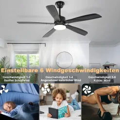 Ventilateur de plafond NETTLIFE avec éclairage LED silencieux à intensité variable 23W Noir 125 cm Ventilateurs avec lumière