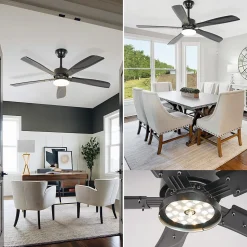 Ventilateur de plafond NETTLIFE avec éclairage LED silencieux à intensité variable 23W Noir 125 cm Ventilateurs avec lumière