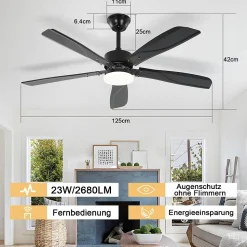 Ventilateur de plafond NETTLIFE avec éclairage LED silencieux à intensité variable 23W Noir 125 cm Ventilateurs avec lumière