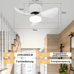 Ventilateur de plafond NETTLIFE avec éclairage, variateur, silencieux, 70 cm, LED, 23 W, blanc, été/hiver, minuterie 6 vitesses
