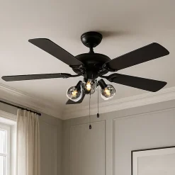 Ventilateur de plafond noir avec bois et interrupteur à tirette 3 lumières - Mistral Vidro