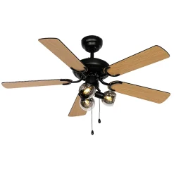 Ventilateur de plafond noir avec bois et interrupteur à tirette 3 lumières - Mistral Vidro