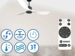 Ventilateur de plafond Réversible Thermostat Wifi Moteur à courant continu Toits en pente Télécommande Hypersilence Mémoire