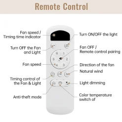 Ventilateur plafond 117 cm avec lumière LED, 3 pales ABS, moteur DC 6 vitesses télécommande